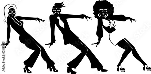EPS 8 vector silhouette of three people dressed in 1970s fashion dancing, no white objects 