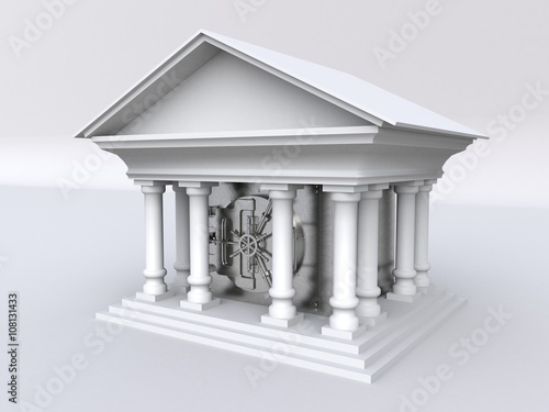 3D illustration of a bank building with a metal safe inside 