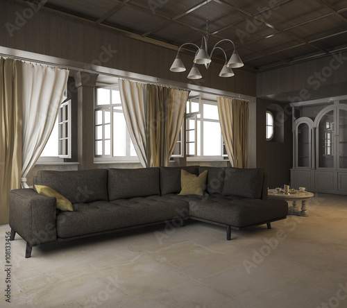 3d rendering black fabric sofa in classic style room
