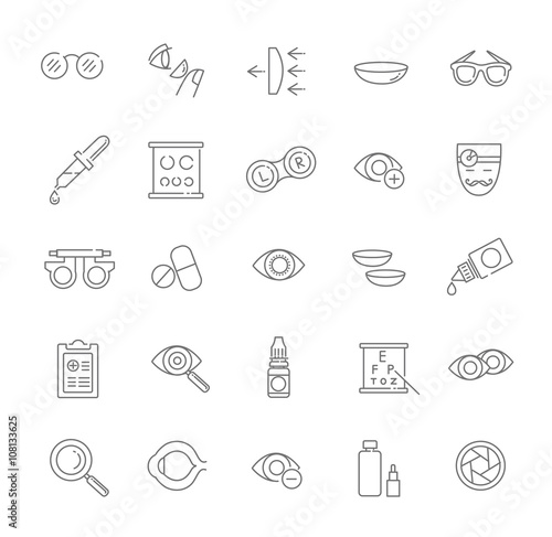 Oculist optometry vision correction eyes health black icons set isolated vector illustration
