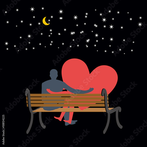 Lovers looking at stars. Date night. Man and love sitting on ben