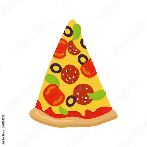 Piece of pizza on white background. Tomatoes and sausage cheese
