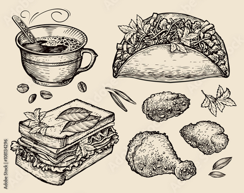 fast food. hand drawn coffee cup, tacos, sandwich, chicken in breadcrumbs. sketch vector illustration