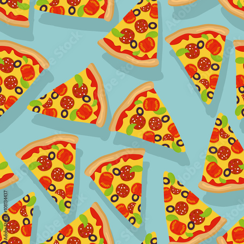 Pizza seamless pattern. Delicious slice of pizza background. Tra