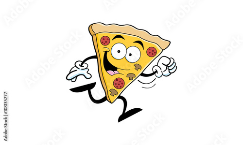 Cartoon illustration of a slice of pizza running.