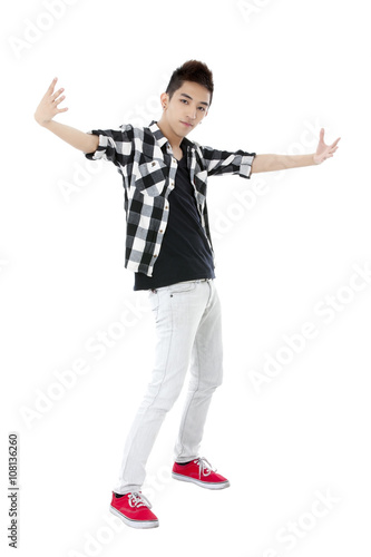 cheerful man dancing on a white background