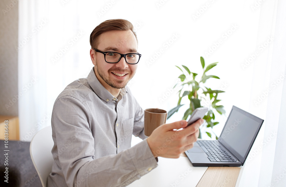 happy businessman with smarphone and coffee happy businessman with smarphone and coffee