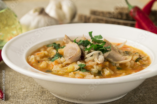 Soup with chicken and rice.