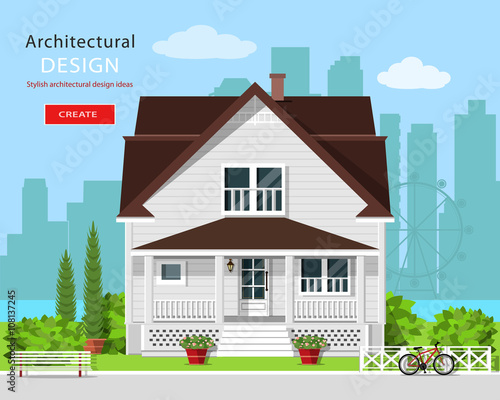 Modern graphic architectural design. Colorful cute house with yard, bench, trees, flowers and city background. Stylish european house. Flat style vector illustration.