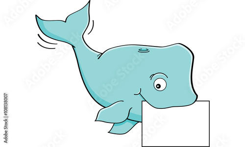 Cartoon illustration of a whale holding a sign.