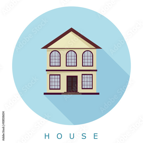 Flat simple icon two-storey house on a blue circle. It is easy t