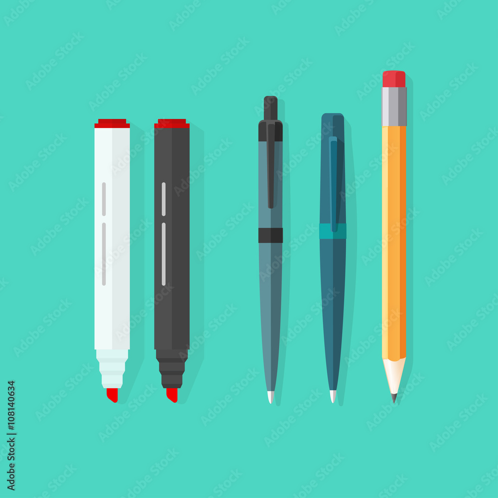 Pens, pencil, markers vector set isolated on green background, ballpoint  pens, lead orange dot pen with red rubber eraser, flat biro pen and  pencils, stationery cartoon illustration design clipart Stock Vector
