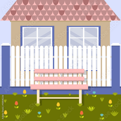 Vector illustration with bench, fence and house © alinabel