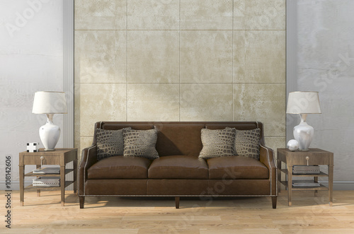 3d rendering brown leather sofa with beautiful texture wall