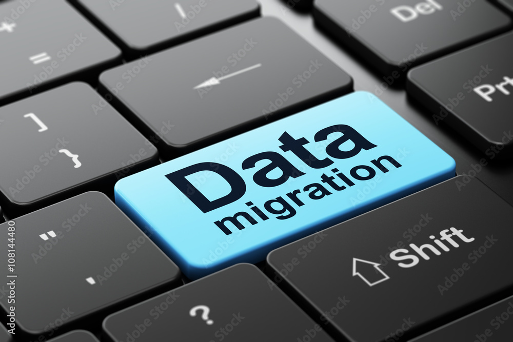 Fototapeta premium Information concept: Data Migration on computer keyboard background