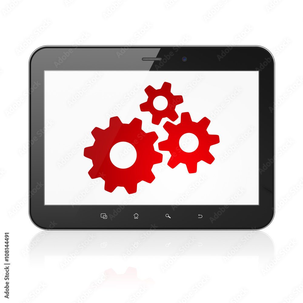 Information concept: Tablet Computer with Gears on display Information concept: Tablet Computer with Gears on display