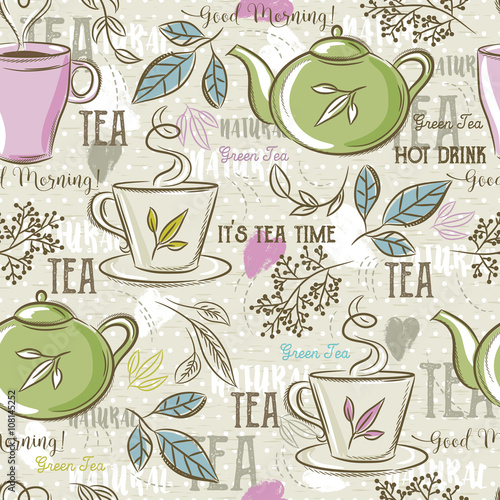 Beige seamless patterns with tea set, leafs, cup,kettle, flower © sunnyfrog