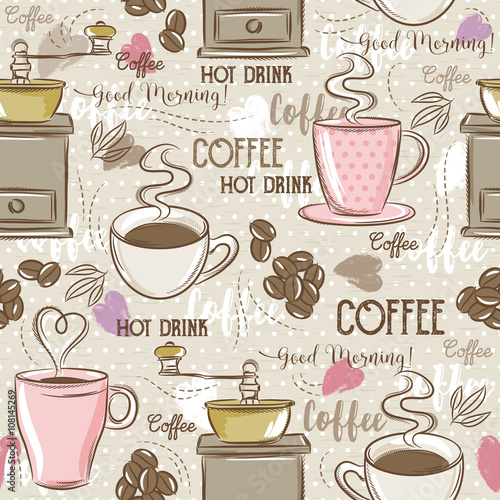 Beige seamless patterns with coffee set,cup, heart, coffee mill