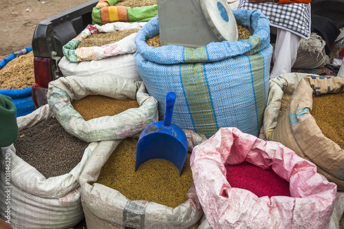 A grain packed in a bag at andean market. Saquisili Ecuador photo