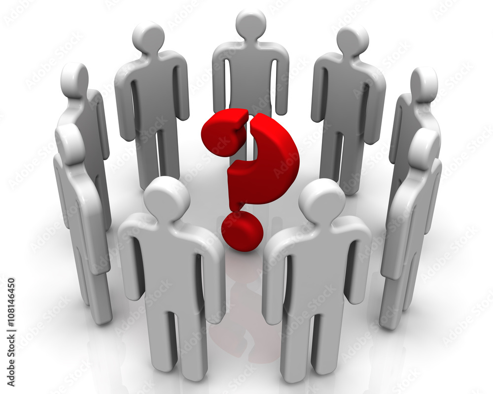 Problem solving. A question mark surrounded by symbolic people. Concept of solving problems. Isolated. 3D Illustration Problem solving. A question mark surrounded by symbolic people. Concept of solving problems. Isolated. 3D Illustration