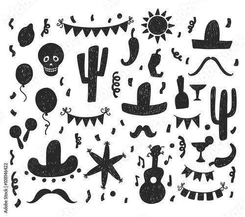 Hand drawn mexican party signs and symbols doodle silhouettes set