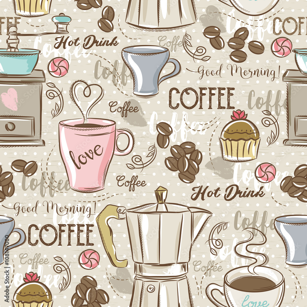 Beige motif with a cup of coffee, a grinder, muffins and flowers