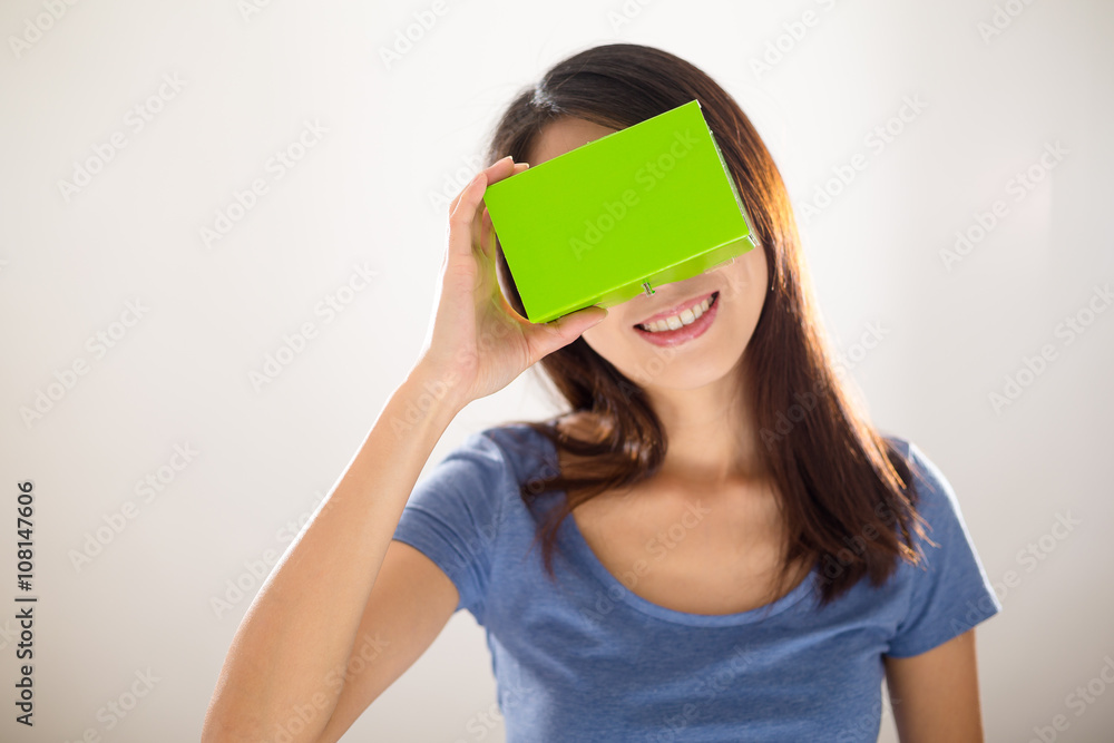 Woman wearing VR device Woman wearing VR device