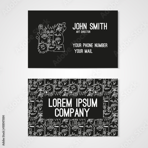 Business card template whit funny doodle monsters. Corporate identity.