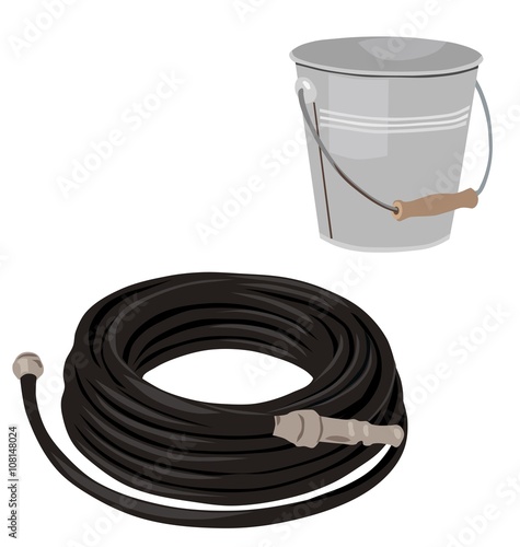 Garden set with water hose and bucket, isolated vector