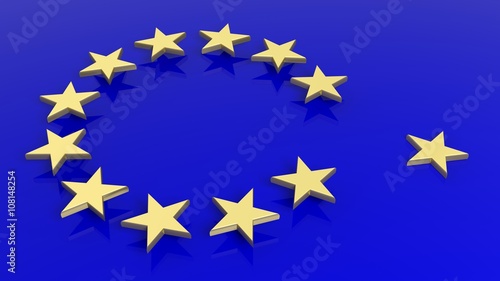 3D rendering of abstract European Union flag and golden stars with one out