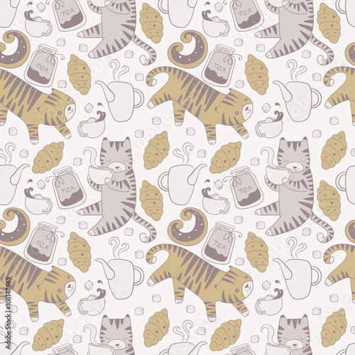 Cats with teapots cups and baking seamless vector background tex