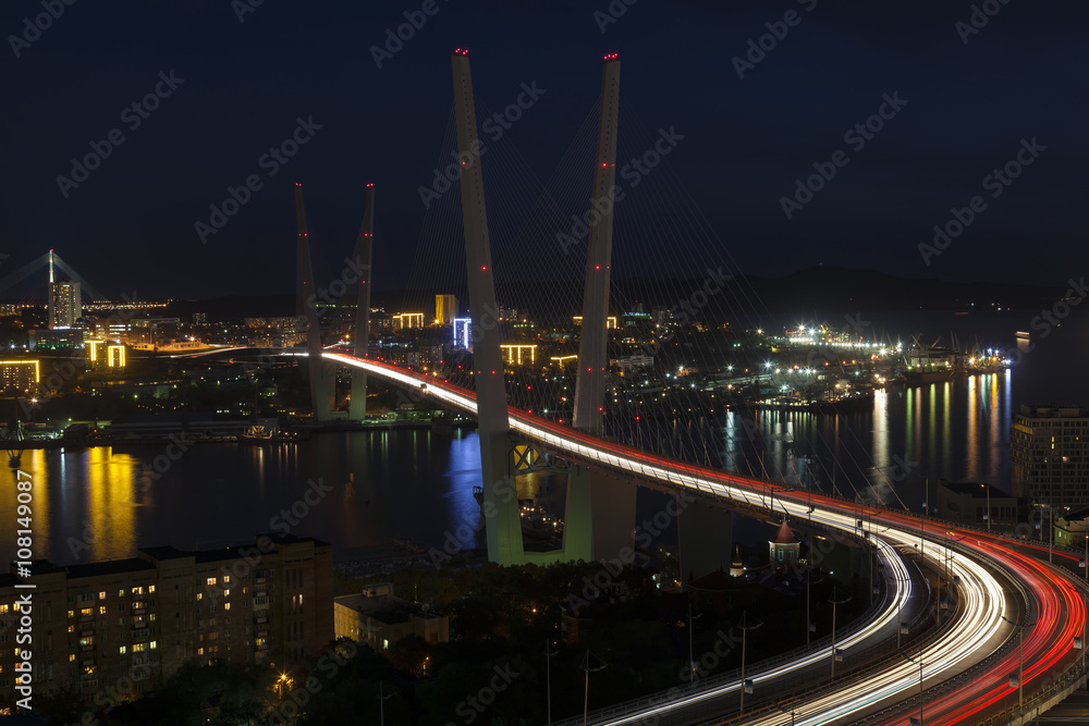 Panorama of night Vladivostok. Golden bridge. Russia