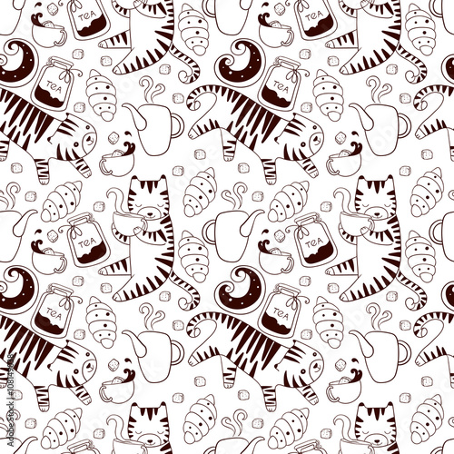 Cats with teapots cups and baking seamless vector background tex