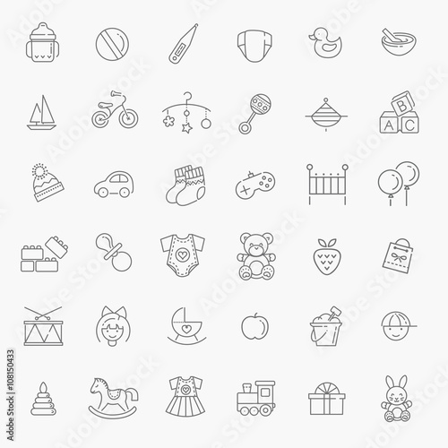 Outline web icon set. Baby toys  feeding and care