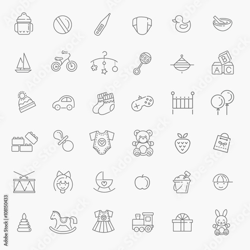 Outline web icon set. Baby toys, feeding and care