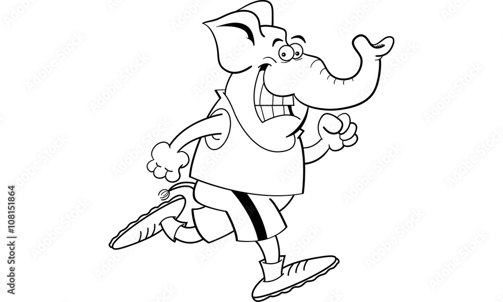 Fototapeta premium Black and white illustration of an elephant running.