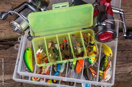 fishing tackles and fishing baits in box