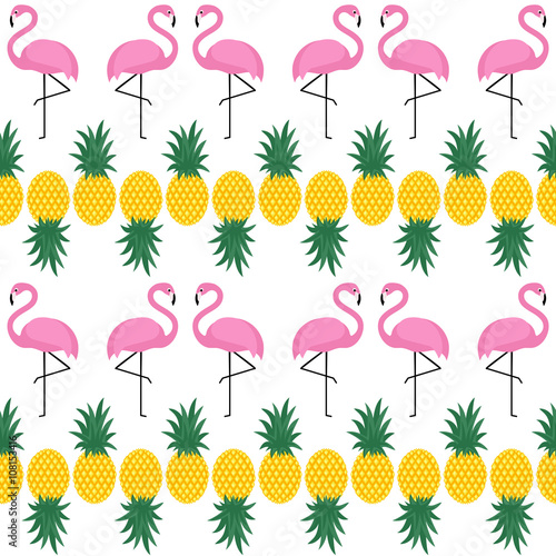 Flamingo seamless pattern with pineapples on white background. Summer vector background design for fabric and decor.