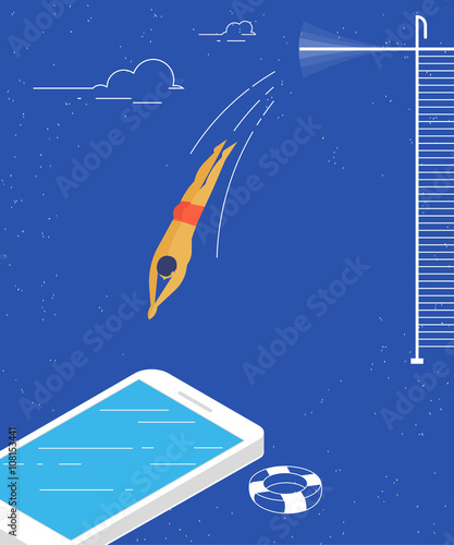 Man jumps into the smartphone conceptual illustration of social networking and content consuming. 