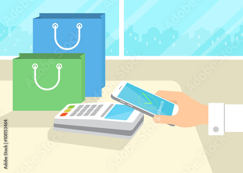 Flat illustration of mobile payment via smartphone. Human hand holds a smartphone and doing payment by credit card wireless connecting to the payment terminal in the shop