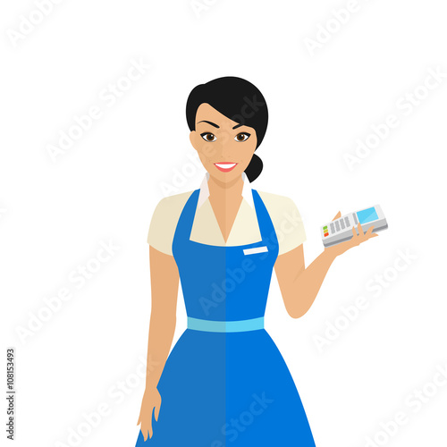 Friendly female shop assistant holding payment terminal in her hand to provide payment by credit card pincode. Flat modern illustration of smiling woman wearing uniform isolated on white background