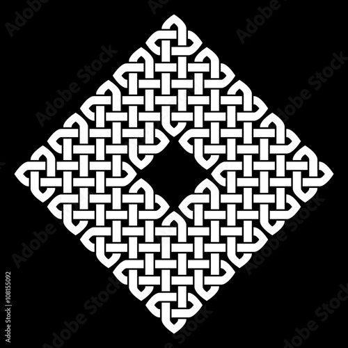 Asian (Chinese, Korean or Japanese) or Celtic style knot. Monochromatic vector illustration. White knot on black background, isolated.