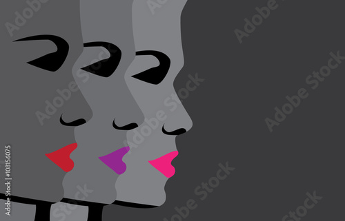 Women faces in a row with colorful lips, vector design background