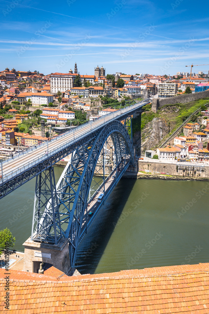 View of the historic city of Porto, Portugal with the Dom Luiz b