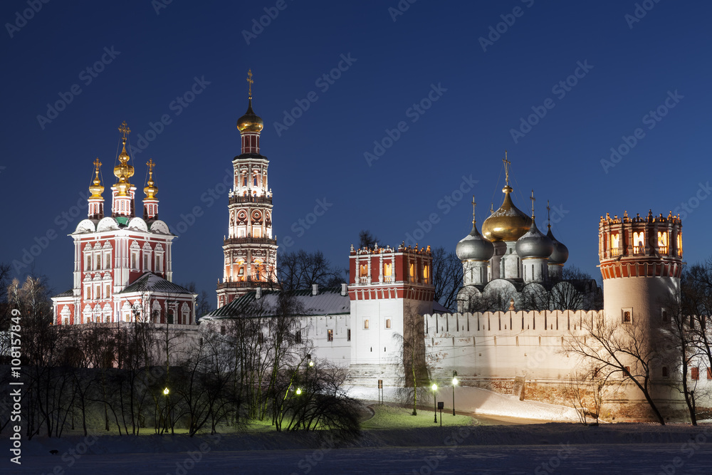 Novodevichy women's monastery at night. Moscow. Russia