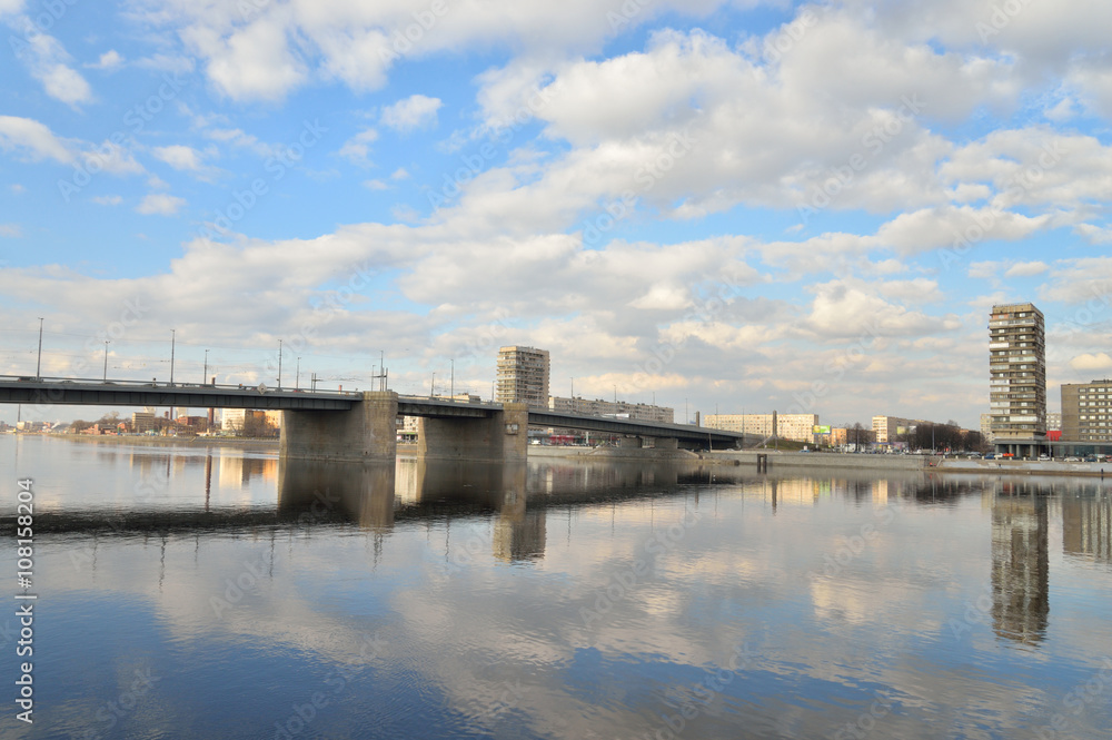 Volodarsky Bridge in St.Petersburg at cloud spring day, Russia.