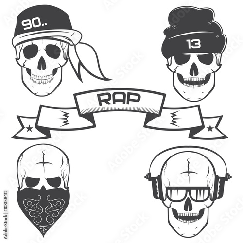 skulls in hats and caps, rap, skull with headphones. ribbon with the inscription.Set of vector emblems.design elements.