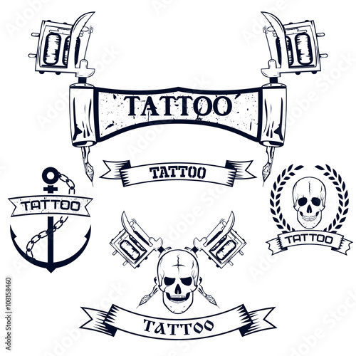 tattoo, tattoo machines, skull. badges, emblems. ribbon with the inscription.Set of vector emblems.design elements.