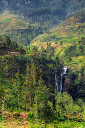 The panorama of tea plantations and waterfall in Nuwara Eliya, Sri Lanka