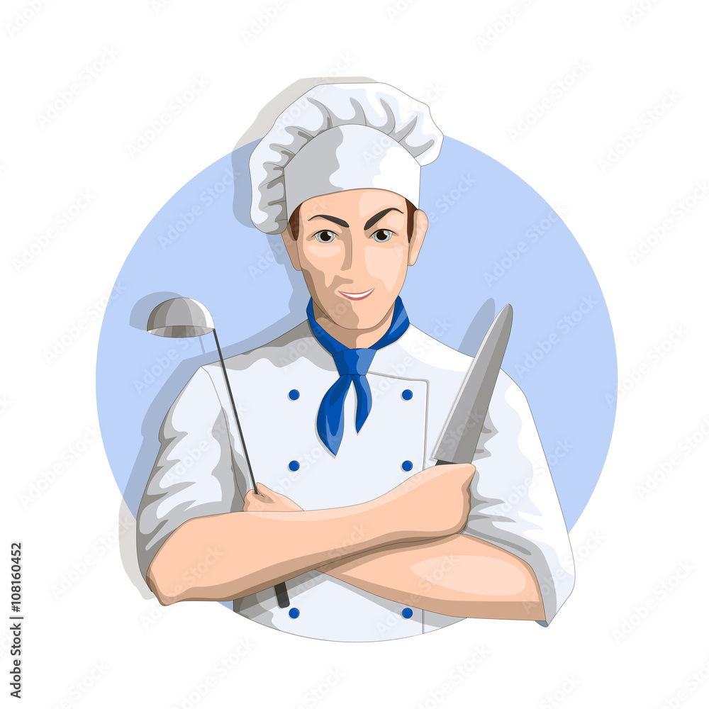 Smiling chef with knife and ladle. Eps10 vector illustration on a white background. Smiling chef with knife and ladle. Eps10 vector illustration on a white background.